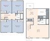 Four bed, two bath townhome two dimensional floor plan.